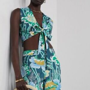 Emporio Sirenuse Sonia Cropped Floral Print Cotton Poplin Top Storm Blue